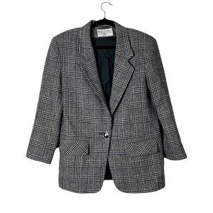 Vintage International Scene Plaid Gray Blazer Oversized Wool Jacket Women's S/M